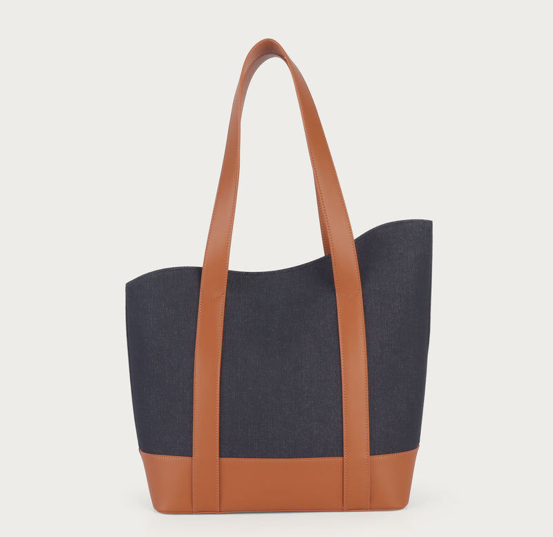 Brown Asymmetrical Apple Peel Leather and Denim Tote Bag