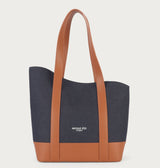 Brown Asymmetrical Apple Peel Leather and Denim Tote Bag