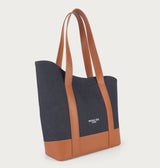 Brown Asymmetrical Apple Peel Leather and Denim Tote Bag