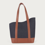 Brown Asymmetrical Apple Peel Leather and Denim Tote Bag