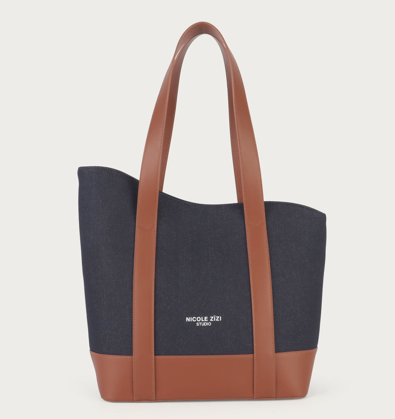 Brown Asymmetrical Apple Peel Leather and Denim Tote Bag