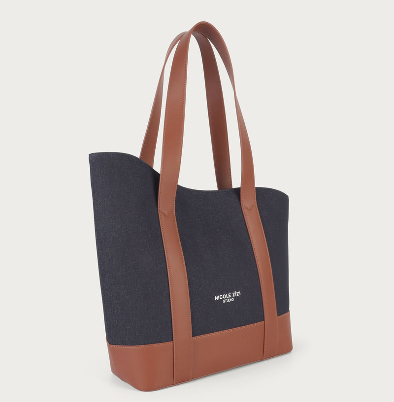 Brown Asymmetrical Apple Peel Leather and Denim Tote Bag