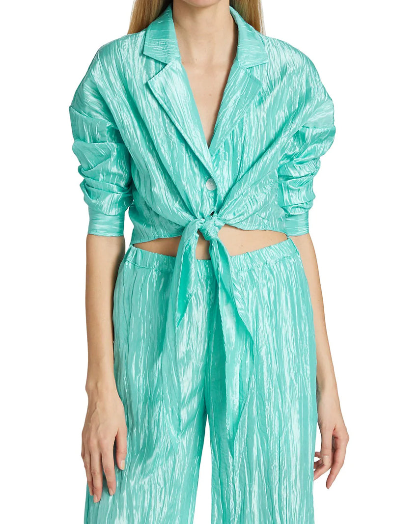 Crinkled Taffeta Tie Front Shirt | Tiffany Blue