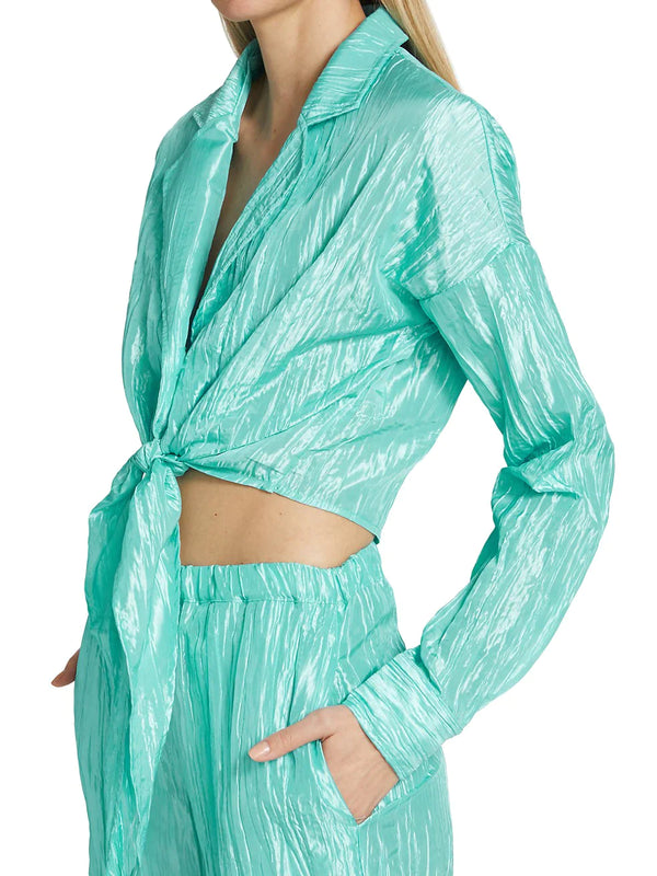 Crinkled Taffeta Tie Front Shirt | Tiffany Blue