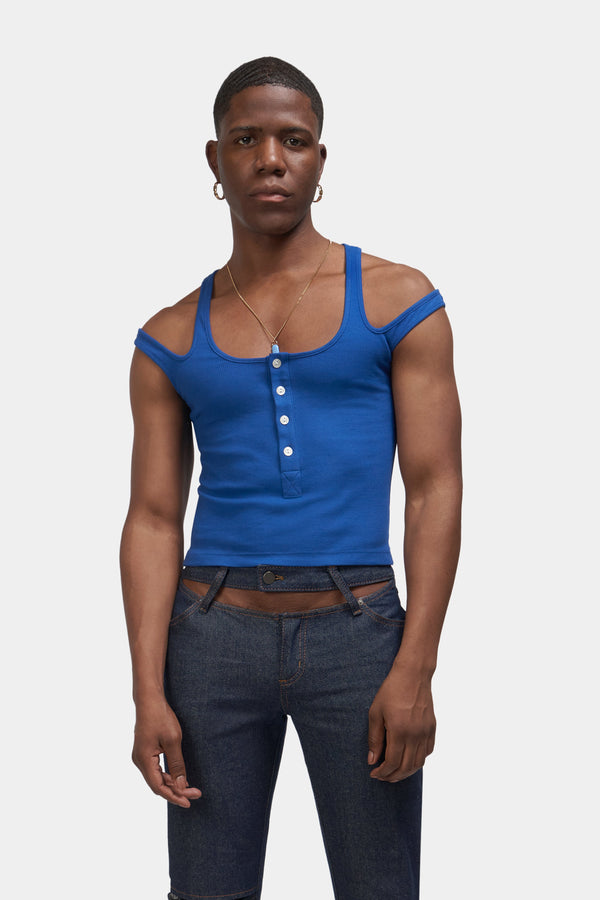 Bright Blue "2-Way" Henley Ribbed Tank