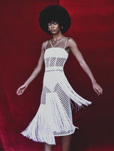 Akuah fringe detail stretch cotton lace grid dress