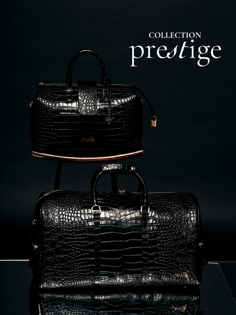 Carryall Duffle Leather Bag in Crocodile Print Black Noir