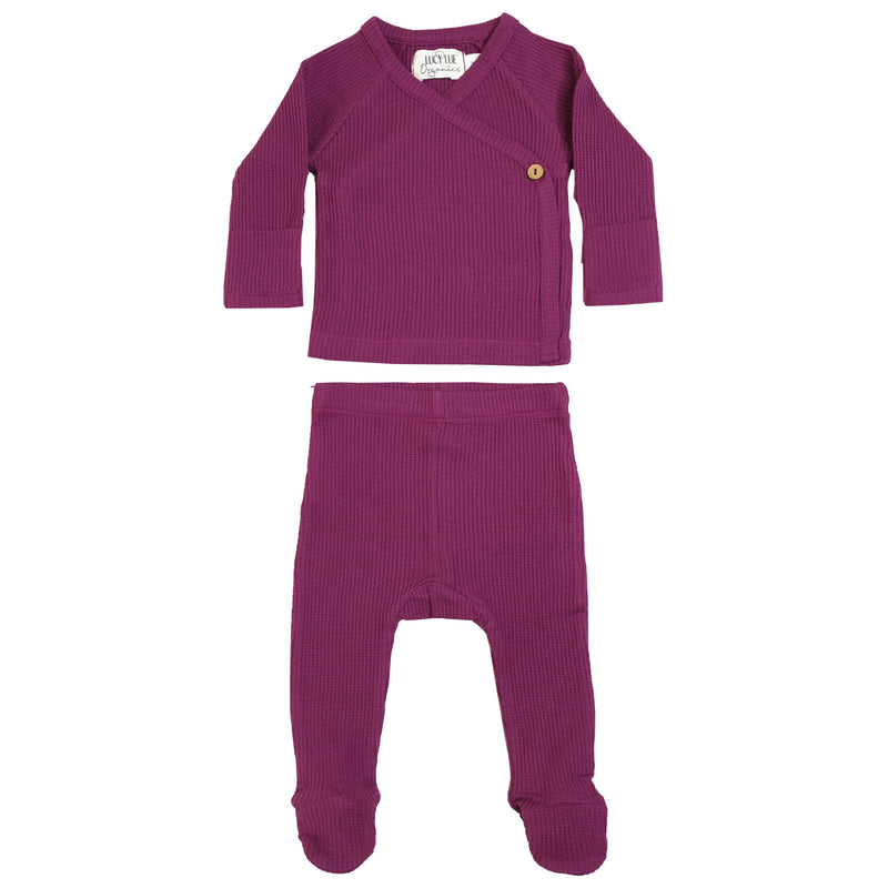 Organic Waffle Kimono Top & Footed Pant Set | Berry