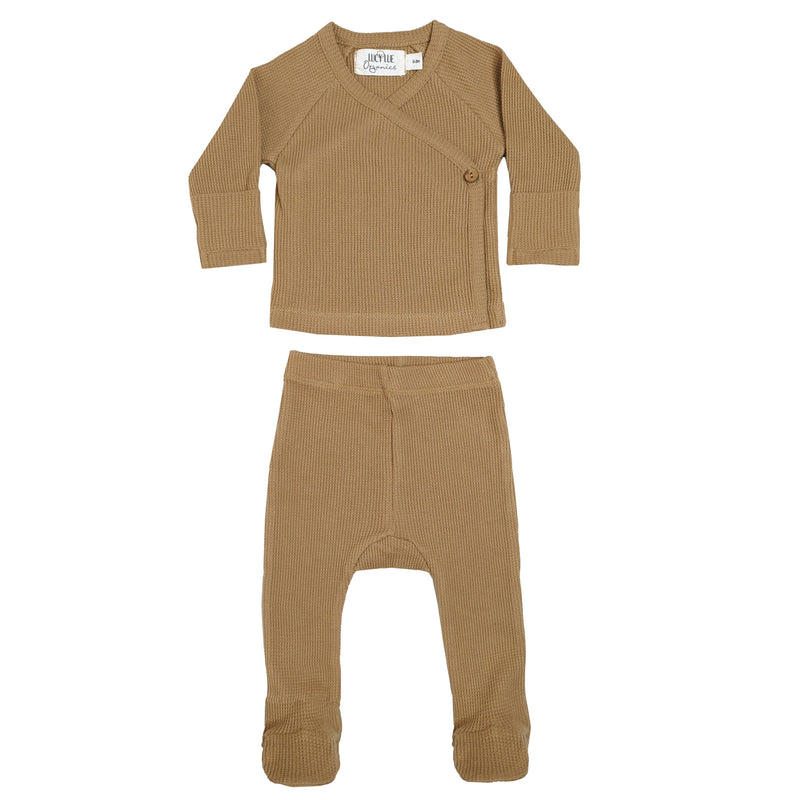 Organic Waffle Kimono Top & Footed Pant Set | Camel